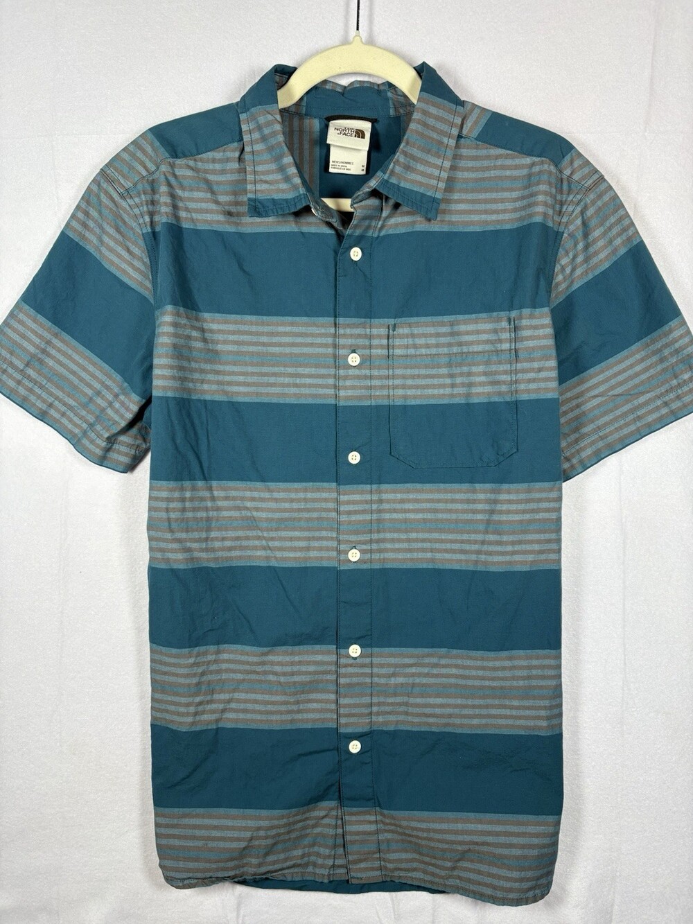 The North Face Mens Medium Button Up Shirt Blue Stripe Outdoor Hiking Cotton